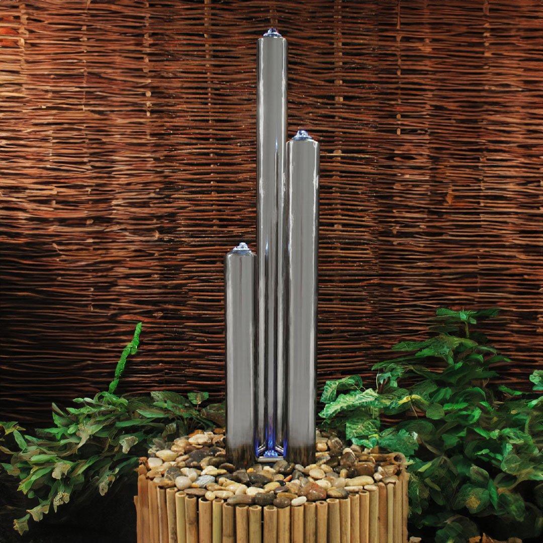3 Tube Water Feature Fountain Cascade Silver Brushed Steel Garden